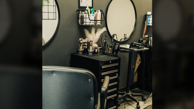 A hair station at Changes Hair Studio that shows stylist's organized tools and supplies