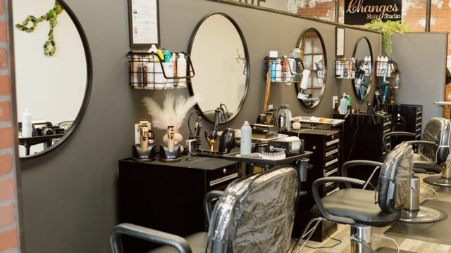 Hair stylist stations at Changes Hair Studio showing a neat and clean environment